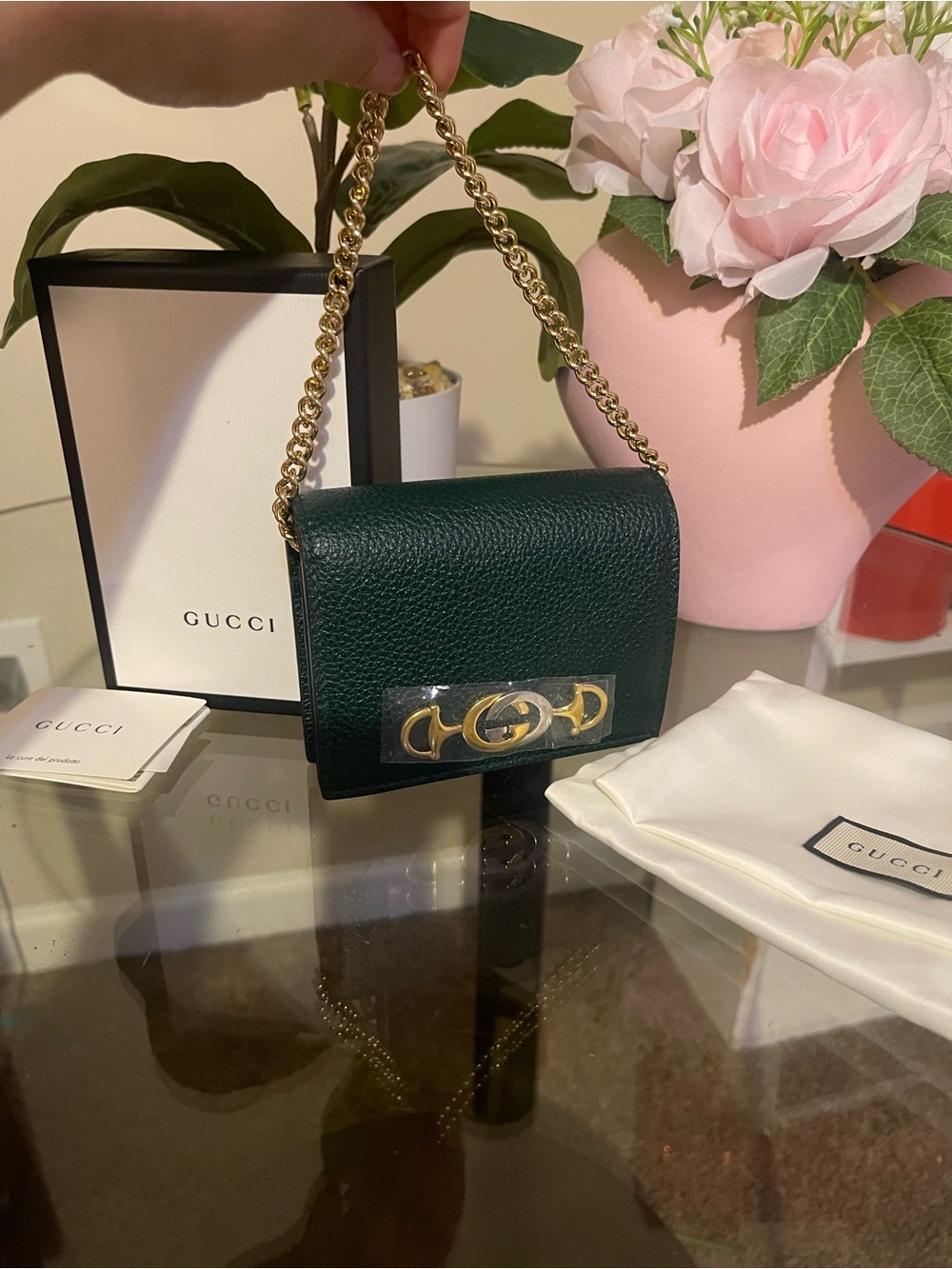 Gucci Forest Green Pebbled Leather Mini Chain Bag with Gold Hardware authentic